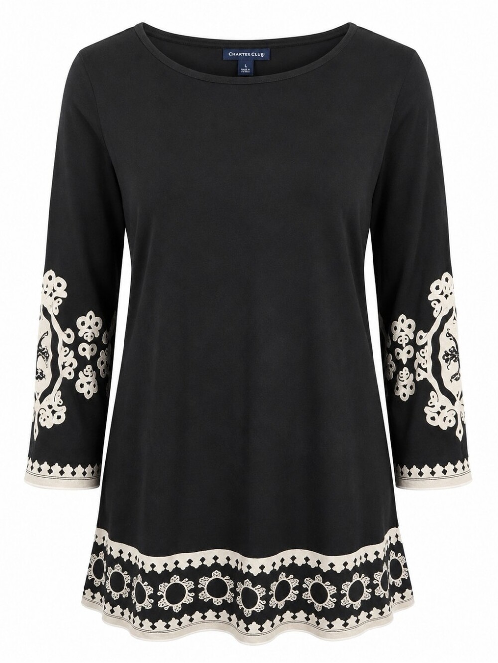 CHARTER CLUB | Black Cream Geometric Border Print Cotton Tunic Top | L